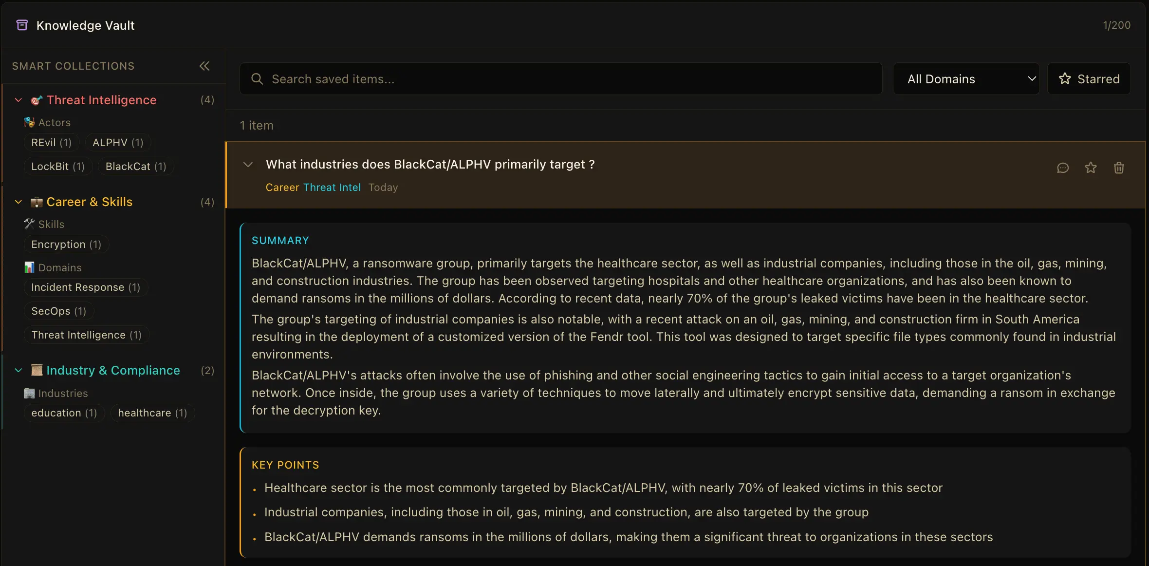 Knowledge Vault showing smart collections organized by security domain